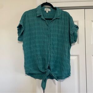 Cloth & Stone Anthropologie Short Sleeve Button Down Tie Front Green Blouse Sz S